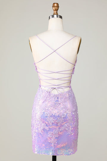 Bling Bodycon Spaghetti Straps Purple Corset Cocktail Dress with Criss Cross Back